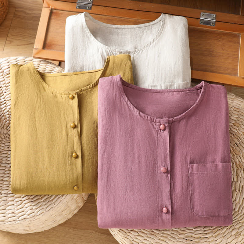 Buddha Stones Summer Casual Minimalist Button-Up Solid Women's Short Sleeve Shirts With Patch Pocket - image 24