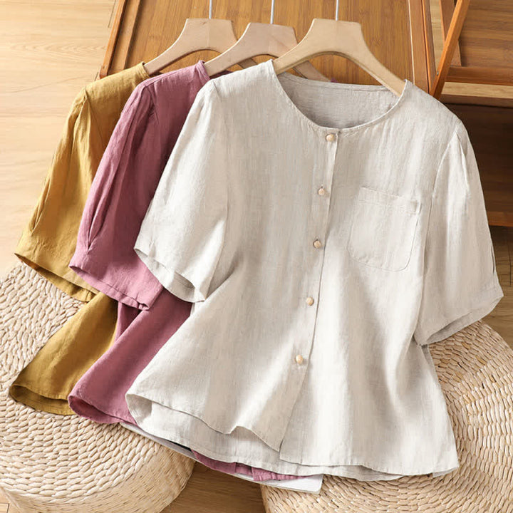 Buddha Stones Summer Casual Minimalist Button-Up Solid Women's Short Sleeve Shirts With Patch Pocket - image 23