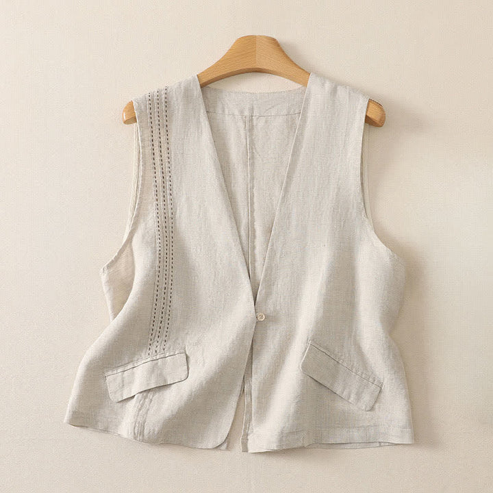 Buddha Stones Summer Casual Minimalist Button-Up Solid Women's Sleeveless Shirts Tank Top - Linen - US12, UK/AU16, EU44 (2XL) - image 0