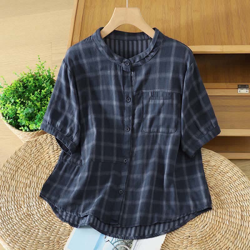 Buddha Stones Summer Casual Vintage Plaid Women's Short Sleeve Shirts With Patch Pocket - SteelBlue - US12, UK/AU16, EU44 (XL) - image 6