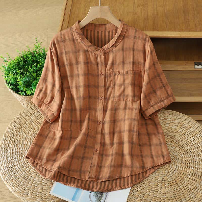 Buddha Stones Summer Casual Vintage Plaid Women's Short Sleeve Shirts With Patch Pocket - SandyBrown - US12, UK/AU16, EU44 (XL) - image 12