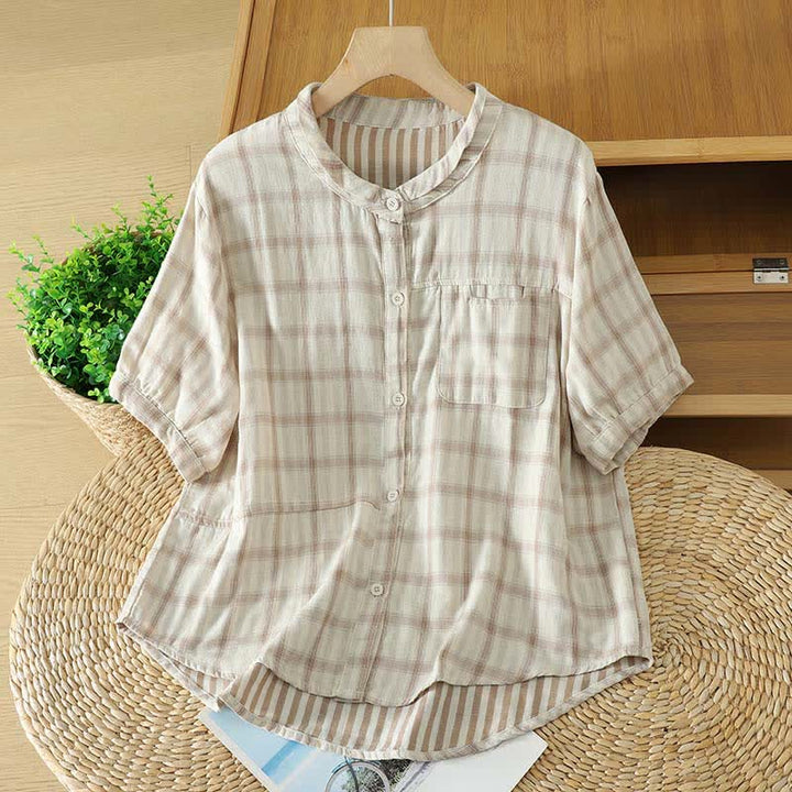 Buddha Stones Summer Casual Vintage Plaid Women's Short Sleeve Shirts With Patch Pocket - Beige - US12, UK/AU16, EU44 (XL) - image 18