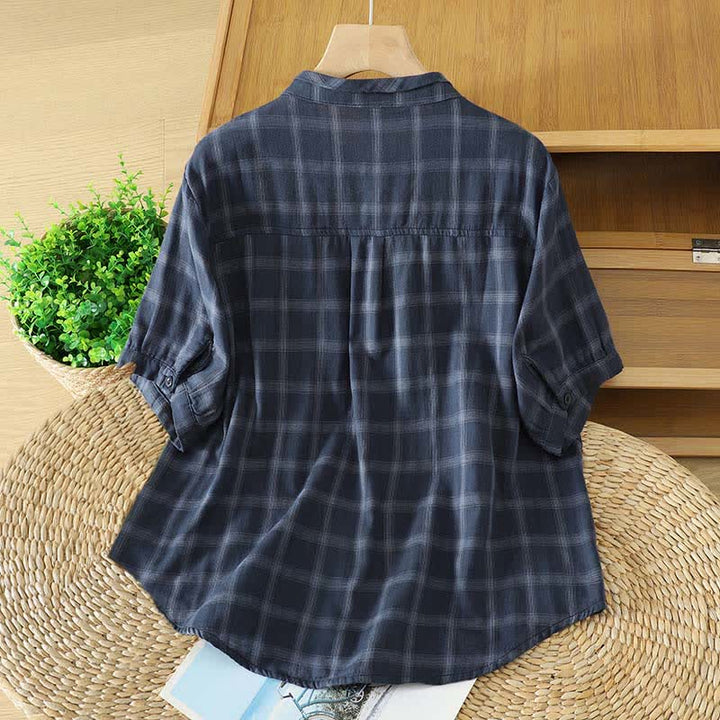 Buddha Stones Summer Casual Vintage Plaid Women's Short Sleeve Shirts With Patch Pocket - image 7