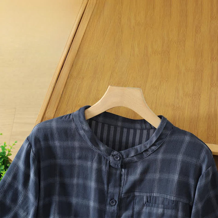 Buddha Stones Summer Casual Vintage Plaid Women's Short Sleeve Shirts With Patch Pocket - image 8