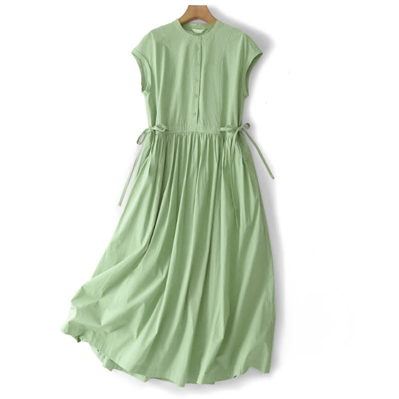 Buddha Stones Summer Casual Vintage Button-Up Solid Lace-up Women's Short Sleeve Dresses With Pocket - PaleGreen - US12, UK/AU16, EU44 (2XL) - image 7