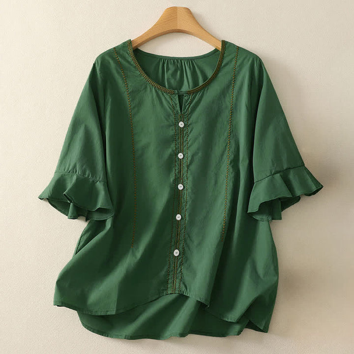 Buddha Stones Summer Boho Casual Button-up Solid Ruffle Bell Sleeve Women's Short Sleeve Shirts - ForestGreen - US12, UK/AU16, EU44 (2XL) - image 0