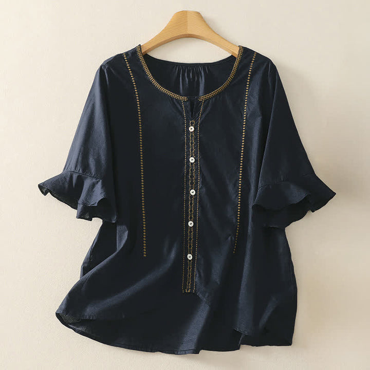 Buddha Stones Summer Boho Casual Button-up Solid Ruffle Bell Sleeve Women's Short Sleeve Shirts - Navy - US12, UK/AU16, EU44 (2XL) - image 5