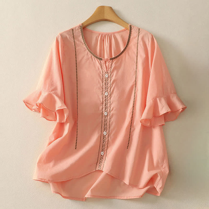 Buddha Stones Summer Boho Casual Button-up Solid Ruffle Bell Sleeve Women's Short Sleeve Shirts - LightSalmon - US12, UK/AU16, EU44 (2XL) - image 10