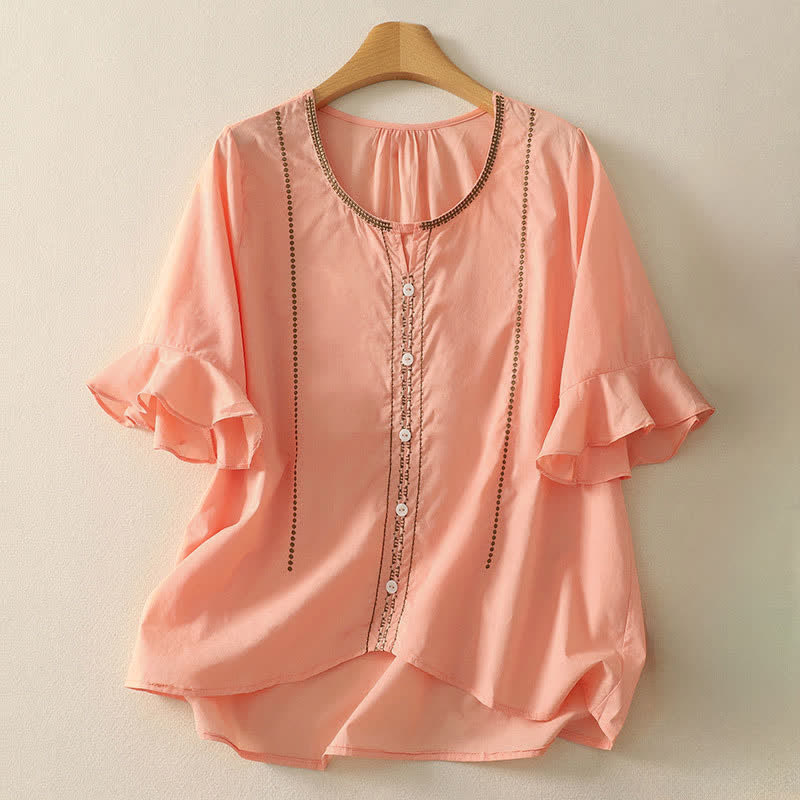 Buddha Stones Summer Boho Casual Button-up Solid Ruffle Bell Sleeve Women's Short Sleeve Shirts - LightSalmon - US12, UK/AU16, EU44 (2XL) - image 10