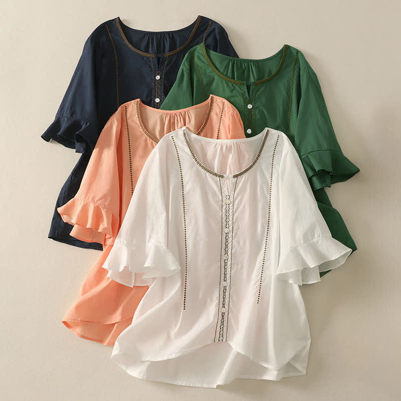 Buddha Stones Summer Boho Casual Button-up Solid Ruffle Bell Sleeve Women's Short Sleeve Shirts - image 24