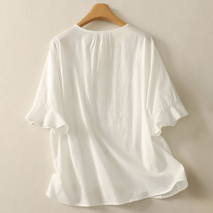 Buddha Stones Summer Boho Casual Button-up Solid Ruffle Bell Sleeve Women's Short Sleeve Shirts - image 17