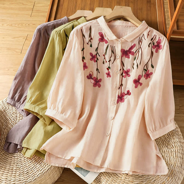Buddha Stones Summer Vintage Embroidery Floral Women's Short Sleeve Shirts - image 26