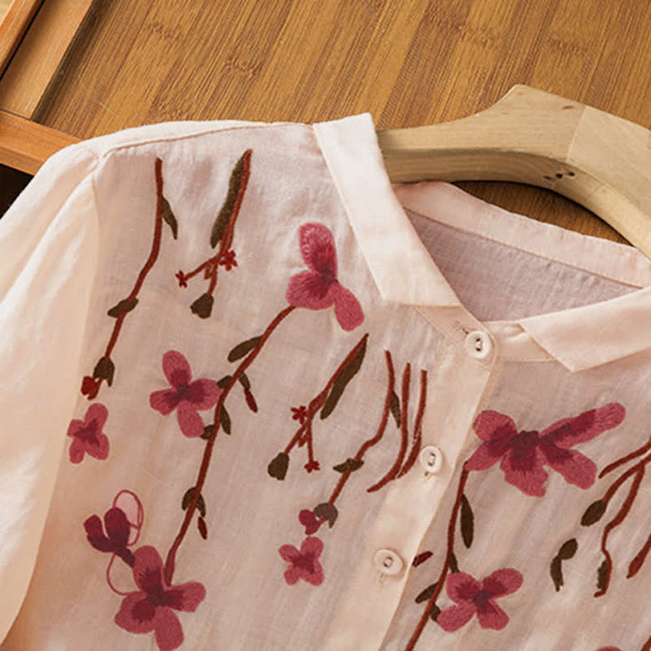 Buddha Stones Summer Vintage Embroidery Floral Women's Short Sleeve Shirts - image 2
