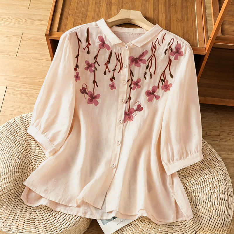 Buddha Stones Summer Vintage Embroidery Floral Women's Short Sleeve Shirts - PeachPuff - US8-10, UK/AU12-14, EU40-42 (2XL) - image 0