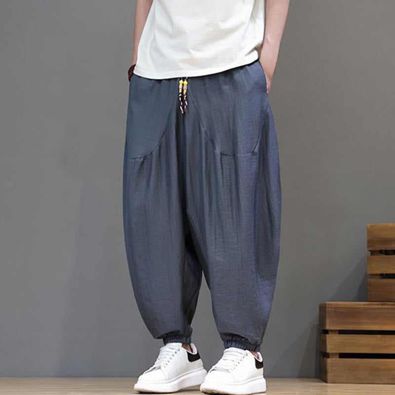 Buddha Stones Summer Casual Vintage Drawstring Solid Cotton Cropped Pants Men's Harem Pants With Pocket - image 6