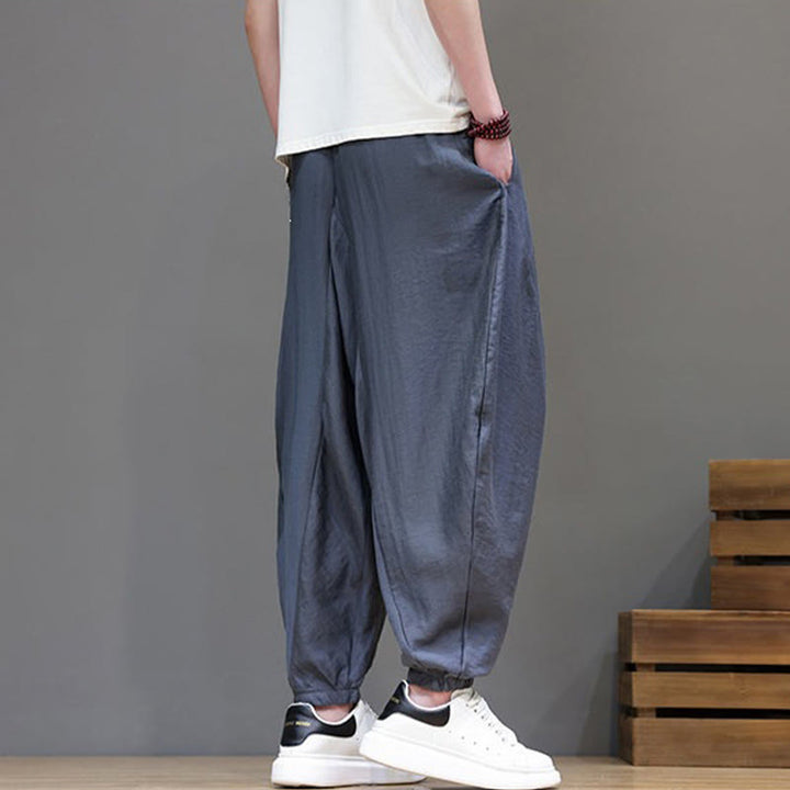 Buddha Stones Summer Casual Vintage Drawstring Solid Cotton Cropped Pants Men's Harem Pants With Pocket - image 4