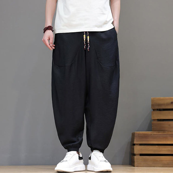 Buddha Stones Summer Casual Vintage Drawstring Solid Cotton Cropped Pants Men's Harem Pants With Pocket - image 18