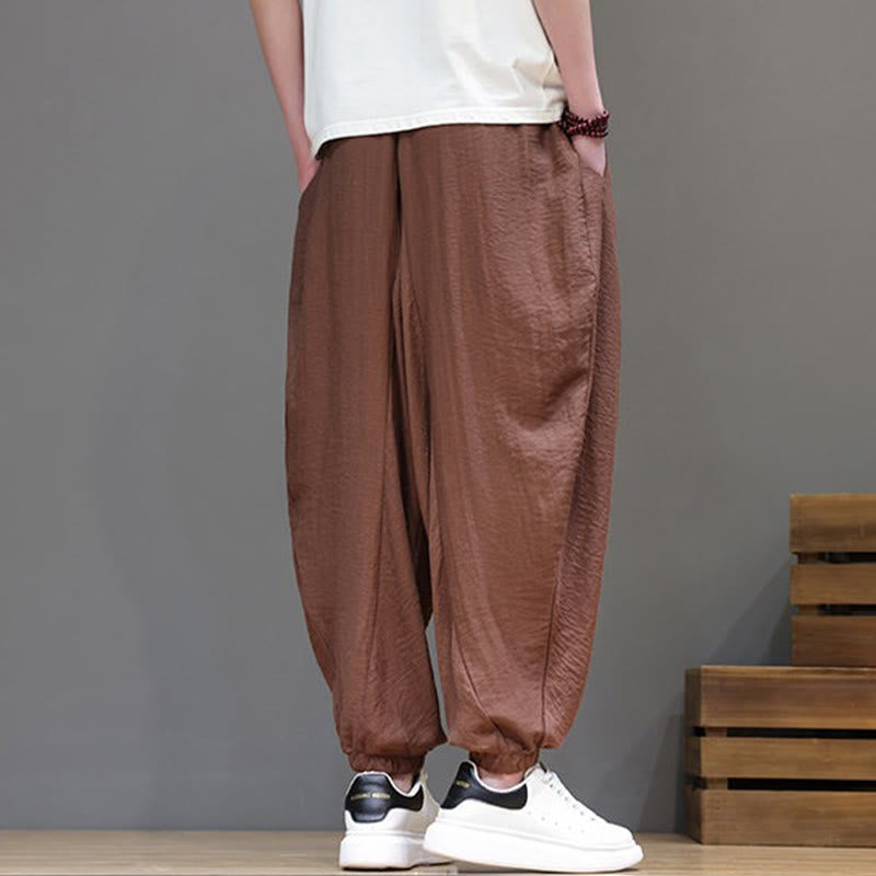 Buddha Stones Summer Casual Vintage Drawstring Solid Cotton Cropped Pants Men's Harem Pants With Pocket - image 24