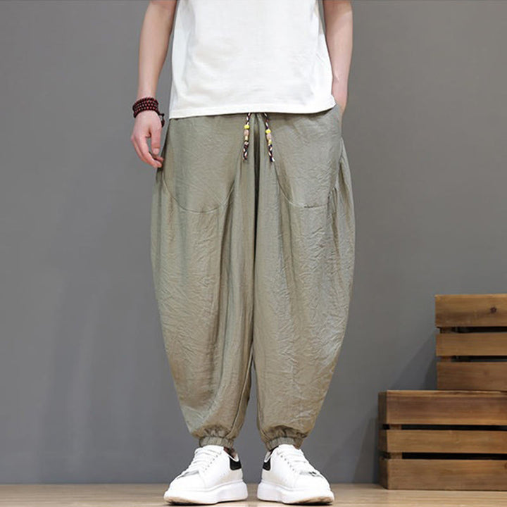 Buddha Stones Summer Casual Vintage Drawstring Solid Cotton Cropped Pants Men's Harem Pants With Pocket - image 34
