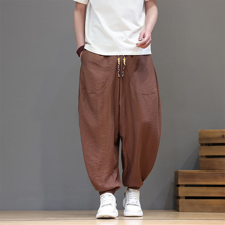 Buddha Stones Summer Casual Vintage Drawstring Solid Cotton Cropped Pants Men's Harem Pants With Pocket - Sienna - US/UK/AU46, EU56 (5XL) - image 21