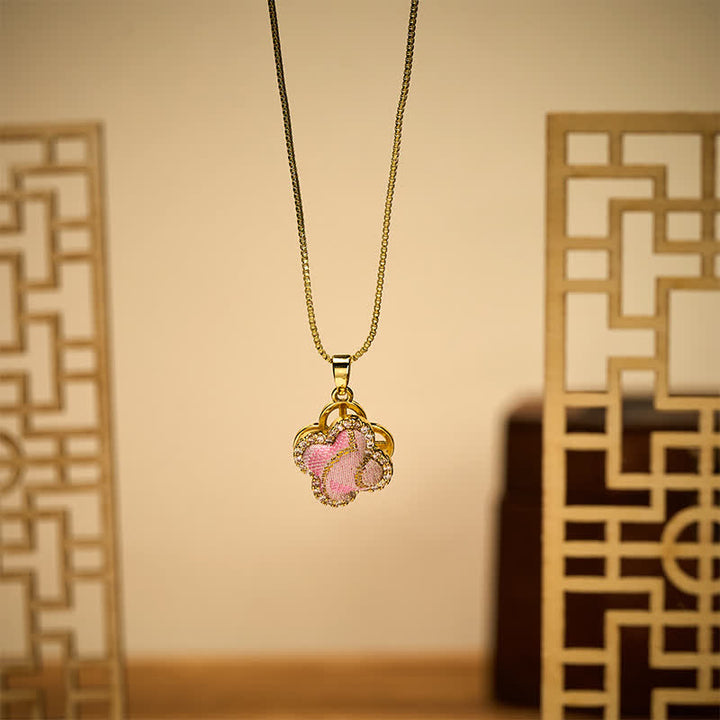 Buddha Stones Copper Rotatable Heart & Four-leaf Clover Inlaid Pink Brocade Harmonic Connection Necklace - image 4