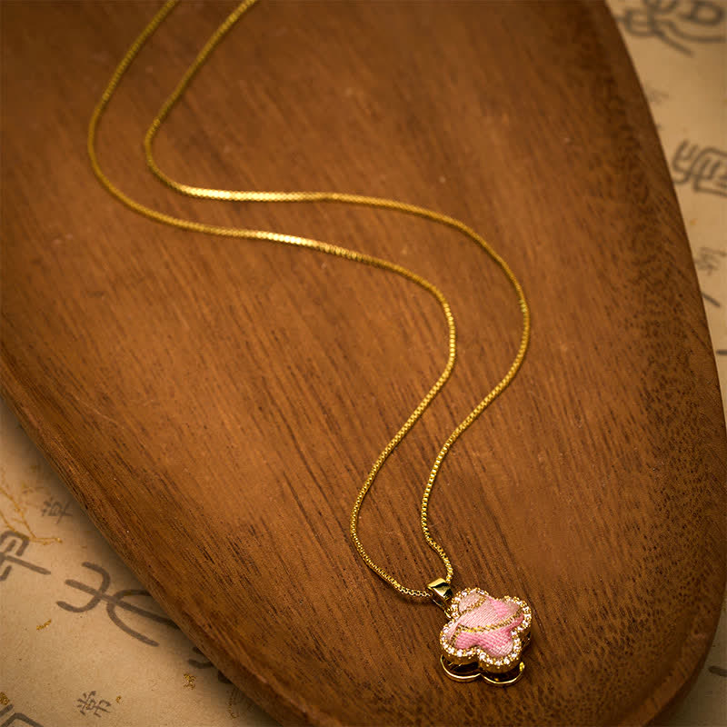 Buddha Stones Copper Rotatable Heart & Four-leaf Clover Inlaid Pink Brocade Harmonic Connection Necklace - image 3