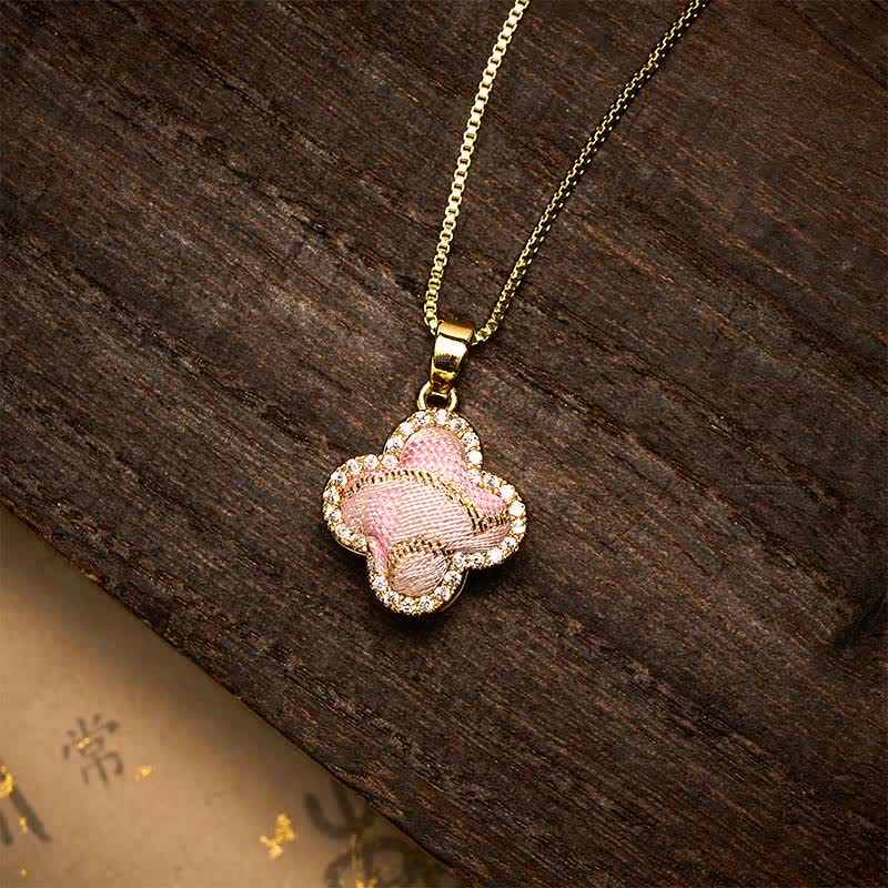 Buddha Stones Copper Rotatable Heart & Four-leaf Clover Inlaid Pink Brocade Harmonic Connection Necklace - Four-leaf Clover(Same Color Tone – Pattern Varies) - image 0