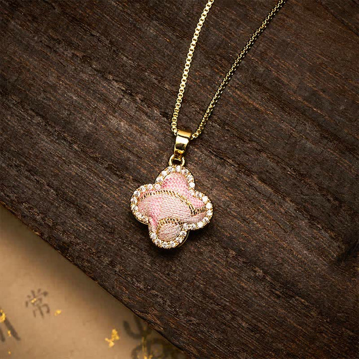 Buddha Stones Copper Rotatable Heart & Four-leaf Clover Inlaid Pink Brocade Harmonic Connection Necklace - Four-leaf Clover(Same Color Tone – Pattern Varies) - image 0