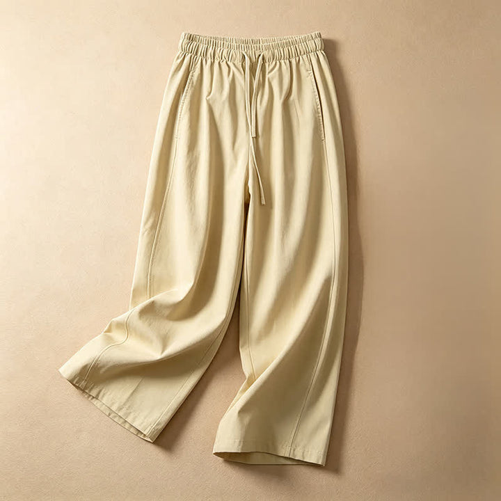 Buddha Stones Summer Casual Minimalist Drawstring Solid Ankle Pants Women's Wide Leg Pants With Pocket - PaleGoldenrod - US8-10, UK/AU12-14, EU40-42 (2XL) - image 0