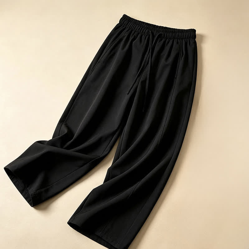Buddha Stones Summer Casual Minimalist Drawstring Solid Ankle Pants Women's Wide Leg Pants With Pocket - Black - US8-10, UK/AU12-14, EU40-42 (2XL) - image 5