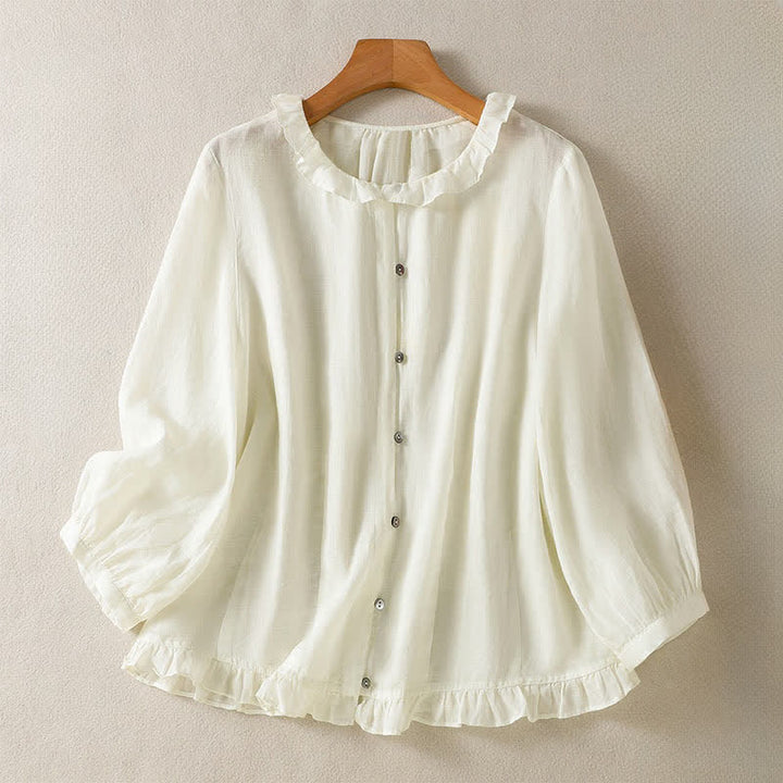 Buddha Stones Summer Casual Vintage Button-up Ruffled Crew Neck Solid Women's Long Sleeve Shirts - AntiqueWhite - US12, UK/AU16, EU44 (2XL) - image 16