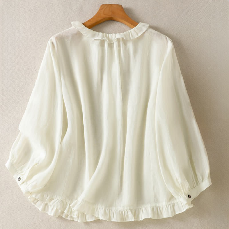 Buddha Stones Summer Casual Vintage Button-up Ruffled Crew Neck Solid Women's Long Sleeve Shirts - image 17