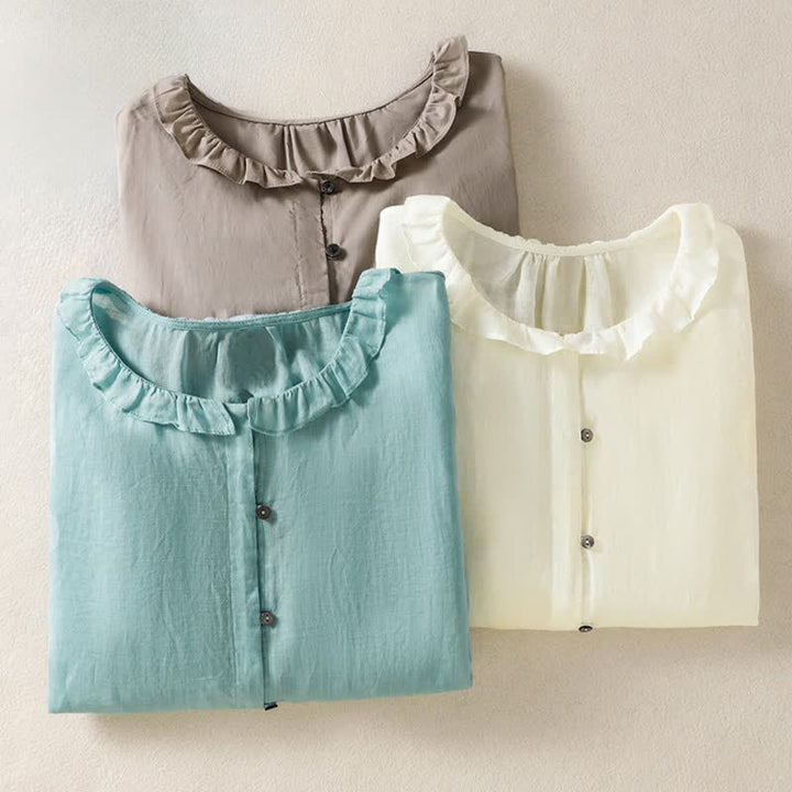 Buddha Stones Summer Casual Vintage Button-up Ruffled Crew Neck Solid Women's Long Sleeve Shirts - image 27