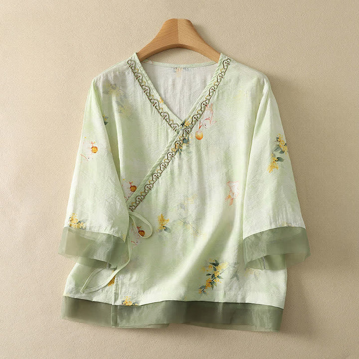Buddha Stones Summer Vintage Tang Style Embroidery Floral V-Neck Women's Three-Quarter Sleeve T-Shirt - PaleGreen - US8-10, UK/AU12-14, EU40-42 (2XL) - image 9