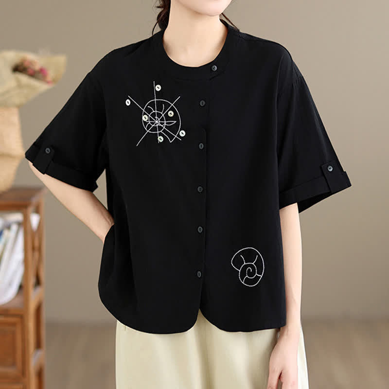 Buddha Stones Summer Casual Minimalist Embroidery Snails Button-Up Geometric Women's Short Sleeve Shirts - Black - US8-10, UK/AU12-14, EU40-42 (2XL) - image 9