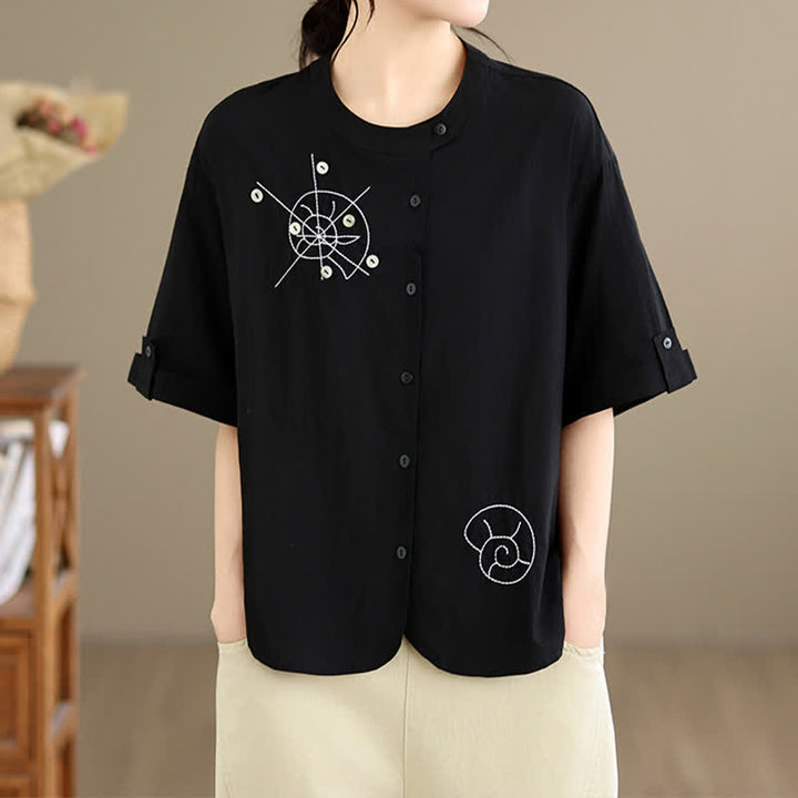 Buddha Stones Summer Casual Minimalist Embroidery Snails Button-Up Geometric Women's Short Sleeve Shirts - image 13