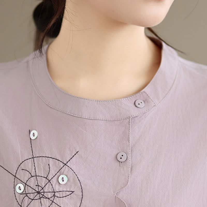 Buddha Stones Summer Casual Minimalist Embroidery Snails Button-Up Geometric Women's Short Sleeve Shirts - image 5