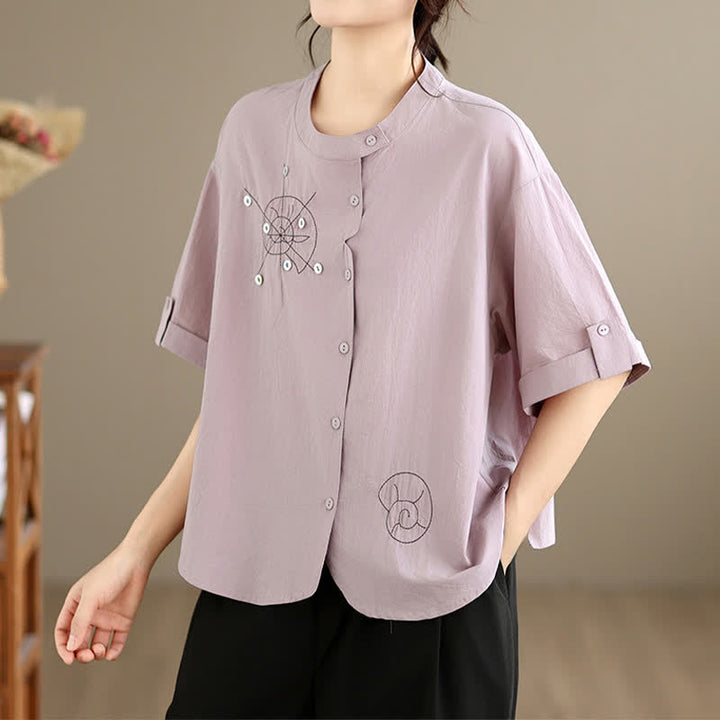 Buddha Stones Summer Casual Minimalist Embroidery Snails Button-Up Geometric Women's Short Sleeve Shirts - Thistle - US8-10, UK/AU12-14, EU40-42 (2XL) - image 0