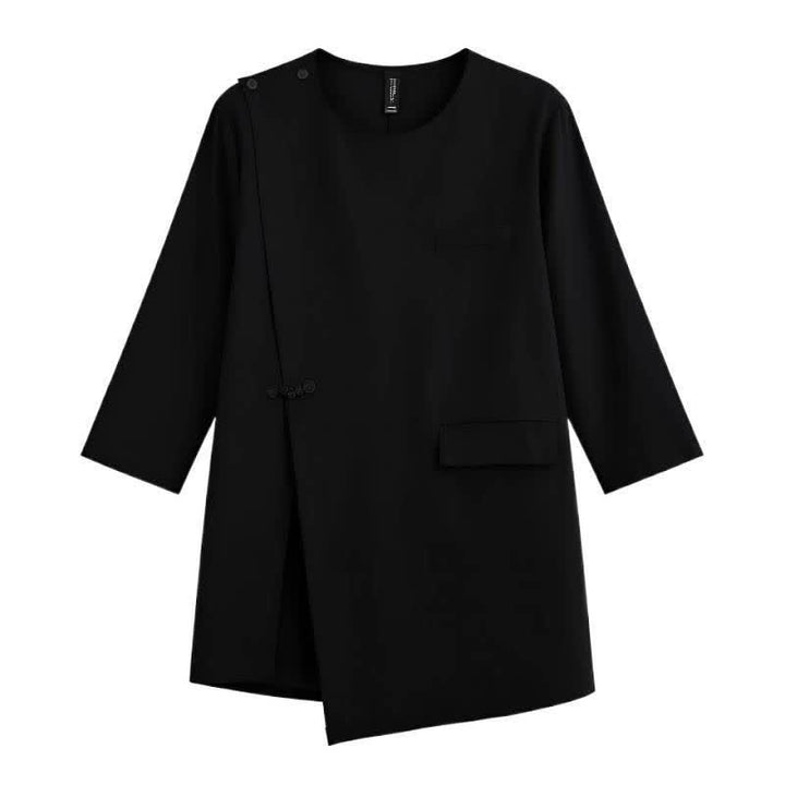 Buddha Stones Summer Tang Style Side Slit Pankou Solid Crew Neck Women's Long Sleeve T-Shirt With Pocket - image 17