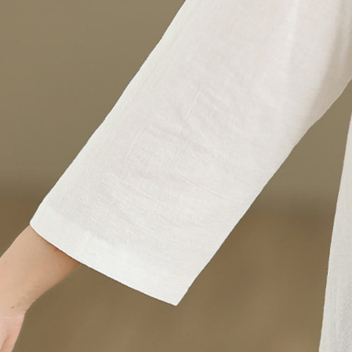 Buddha Stones Summer Tang Style Side Slit Pankou Solid Crew Neck Women's Long Sleeve T-Shirt With Pocket - image 10
