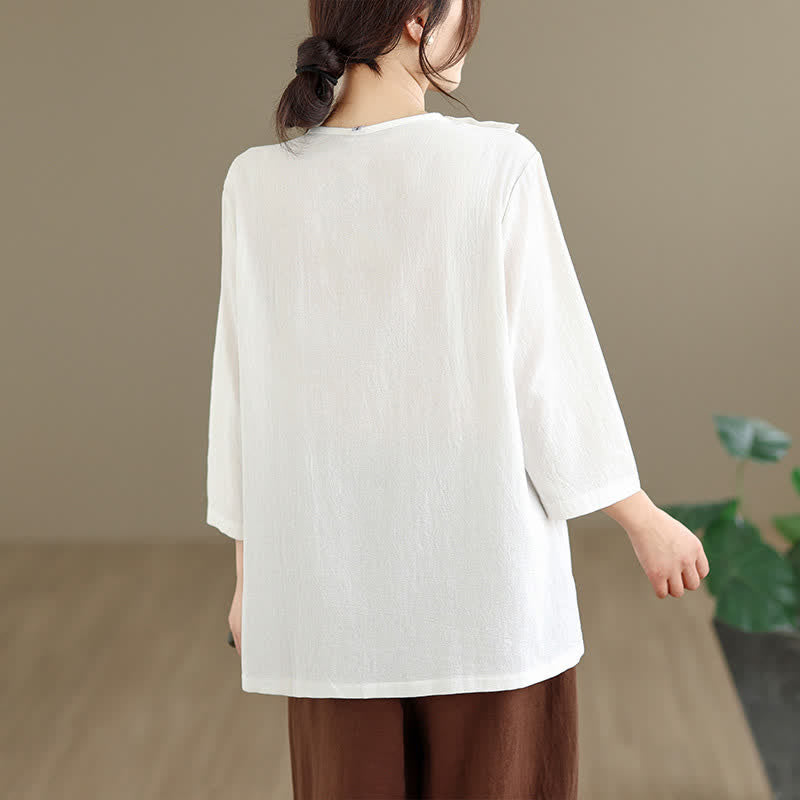 Buddha Stones Summer Tang Style Side Slit Pankou Solid Crew Neck Women's Long Sleeve T-Shirt With Pocket - image 4