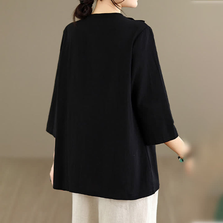 Buddha Stones Summer Tang Style Side Slit Pankou Solid Crew Neck Women's Long Sleeve T-Shirt With Pocket - image 14