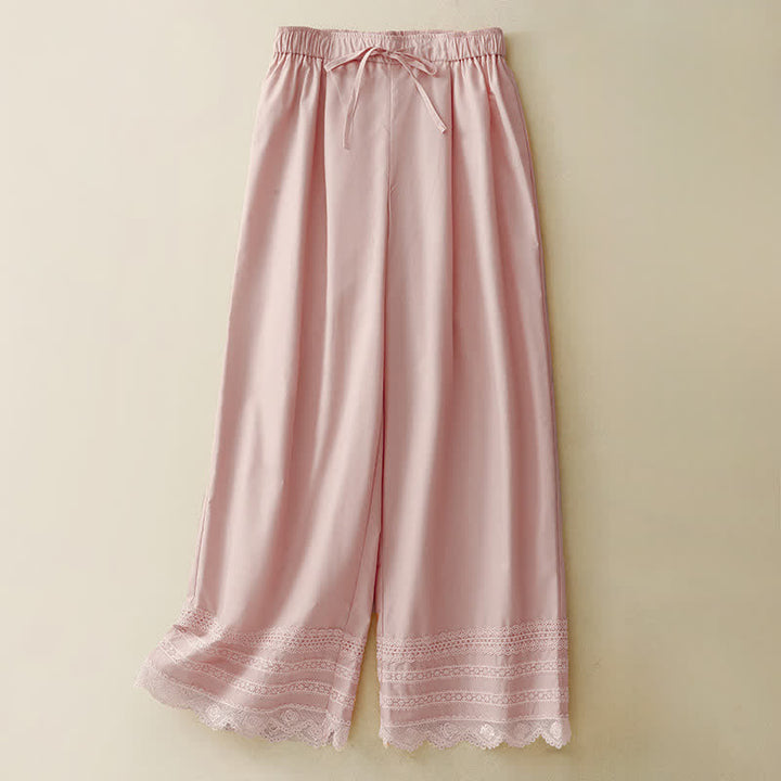 Buddha Stones Summer Elegant Casual Drawstring Solid Lace-trimmed Hem Ankle Pants Women's Wide Leg Pants - LightPink - US8-10, UK/AU12-14, EU40-42 (2XL) - image 0