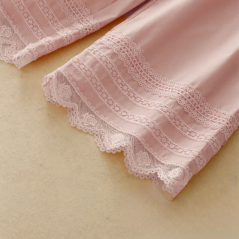 Buddha Stones Summer Elegant Casual Drawstring Solid Lace-trimmed Hem Ankle Pants Women's Wide Leg Pants - image 7