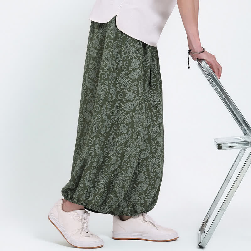 Buddha Stones Summer Boho Casual Drawstring Paisley Capri Pants Men's Harem Pants With Pocket - image 4