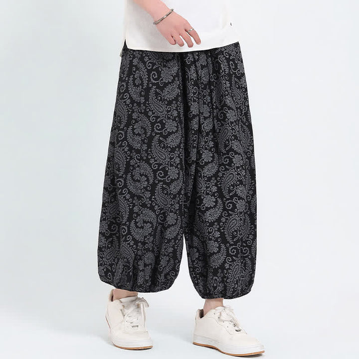 Buddha Stones Summer Boho Casual Drawstring Paisley Capri Pants Men's Harem Pants With Pocket - Black - US/UK/AU46, EU56 (5XL) - image 6