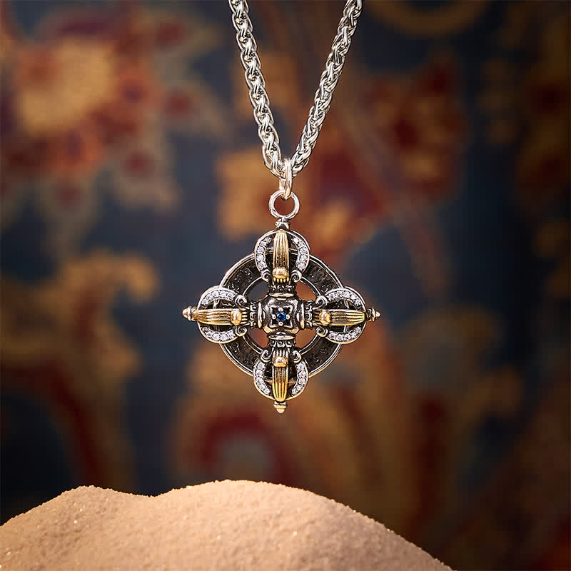 Buddha Stones Copper Plated With Silver Cross Vajra Pendant Necklace - image 1