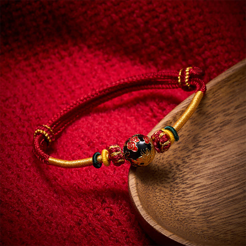Buddha Stones Copper Dragon Bead Red String Strength Braided Bracelet - Dark Red String(Wrist Circumference: 15–20 cm) - Black Dragon Bead - image 0