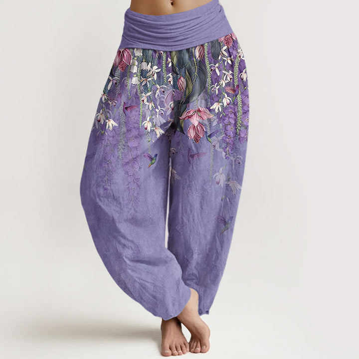 Buddha Stones Pure Cotton Orchid Birds Pattern Women's Elastic Waist Harem Pants - MediumPurple - US16，UK/AU20，EU48 (3XL) - image 5