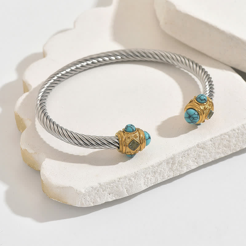 Buddha Stones Stainless Steel Spiral Energy Two Tone Cuff Bracelet - Yellow (Turquoise Accent) - image 4